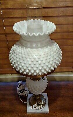 Vintage Fenton Hobnail Brass Milk Glass Lamp with Marble Base and Fenton Label