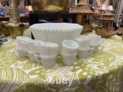 Vintage Fenton Hobnail Milk Glass Octagon Punch Bowl Set, Rare, Excellent Cond