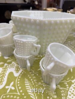 Vintage Fenton Hobnail Milk Glass Octagon Punch Bowl Set, Rare, Excellent Cond