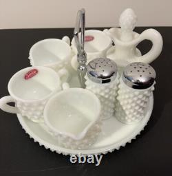 Vintage Fenton Hobnail White Milk Glass 10 PC Condiment Set WithRound Tray NOS