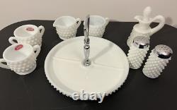 Vintage Fenton Hobnail White Milk Glass 10 PC Condiment Set WithRound Tray NOS