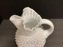 Vintage Fenton Hobnail White Milk Glass Pitcher with Ice Lip Ruffled