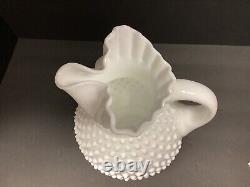 Vintage Fenton Hobnail White Milk Glass Pitcher with Ice Lip Ruffled