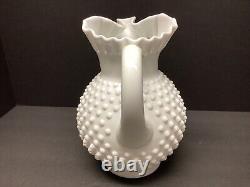 Vintage Fenton Hobnail White Milk Glass Pitcher with Ice Lip Ruffled