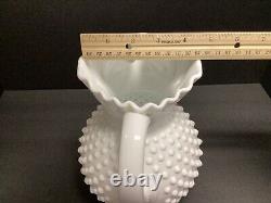 Vintage Fenton Hobnail White Milk Glass Pitcher with Ice Lip Ruffled