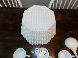 Vintage Fenton Hobnail White Milk Glass Punch Bowl Set with 12 Cups and Ladle
