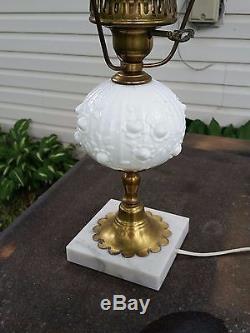 Vintage Fenton Hurricane Lamp Cabbage Rose White Milk Glass 20 Tall