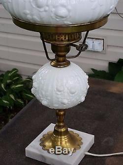 Vintage Fenton Hurricane Lamp Cabbage Rose White Milk Glass 20 Tall