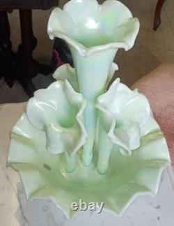 Vintage Fenton Jadeite Iridescent 4-Lily Epergne