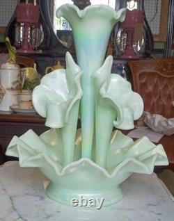 Vintage Fenton Jadeite Iridescent 4-Lily Epergne