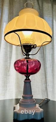 Vintage Fenton LG Wright Cranberry & White Milk Glass 3 Way Hurricane Lamp 23.5