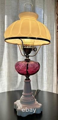 Vintage Fenton LG Wright Cranberry & White Milk Glass 3 Way Hurricane Lamp 23.5