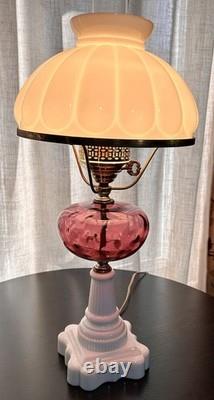Vintage Fenton LG Wright Cranberry & White Milk Glass 3 Way Hurricane Lamp 23.5