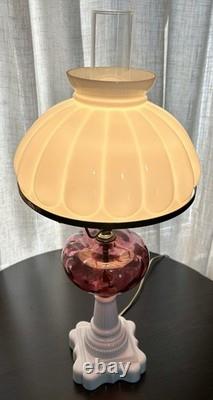 Vintage Fenton LG Wright Cranberry & White Milk Glass 3 Way Hurricane Lamp 23.5