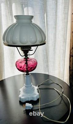 Vintage Fenton LG Wright Cranberry & White Milk Glass 3 Way Hurricane Lamp 23.5
