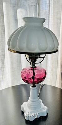 Vintage Fenton LG Wright Cranberry & White Milk Glass 3 Way Hurricane Lamp 23.5