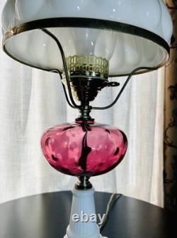 Vintage Fenton LG Wright Cranberry & White Milk Glass 3 Way Hurricane Lamp 23.5