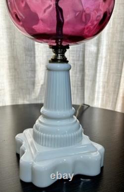 Vintage Fenton LG Wright Cranberry & White Milk Glass 3 Way Hurricane Lamp 23.5