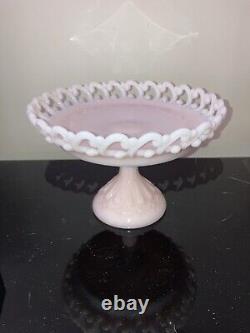 Vintage Fenton Lacy Edge Pink Milk Glass Pedestal Compote Cake Stand Rare