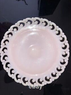 Vintage Fenton Lacy Edge Pink Milk Glass Pedestal Compote Cake Stand Rare