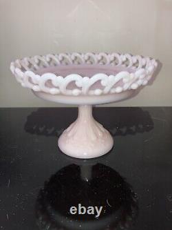 Vintage Fenton Lacy Edge Pink Milk Glass Pedestal Compote Cake Stand Rare