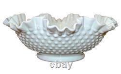 Vintage Fenton Large Hobnail Fruit milk glass Dish 12 Bowl pedestal Ruffle edge