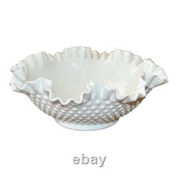Vintage Fenton Large Hobnail Fruit milk glass Dish 12 Bowl pedestal Ruffle edge
