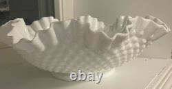 Vintage Fenton Large Hobnail Fruit milk glass Dish 12 Bowl pedestal Ruffle edge
