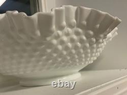 Vintage Fenton Large Hobnail Fruit milk glass Dish 12 Bowl pedestal Ruffle edge