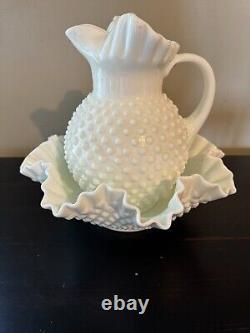 Vintage Fenton Large White Hobnail Milk Glass Pitcher & Bowl