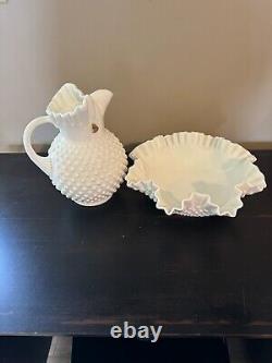 Vintage Fenton Large White Hobnail Milk Glass Pitcher & Bowl