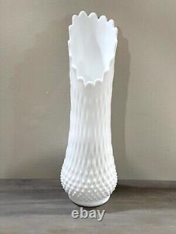 Vintage Fenton Mid Century Modern White Milk Glass Hobnail Swung Vase