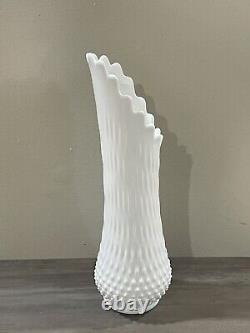 Vintage Fenton Mid Century Modern White Milk Glass Hobnail Swung Vase