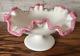 Vintage Fenton Milk Glass Apple Blossom Crest Crimp Pedestal Dish Round Compote