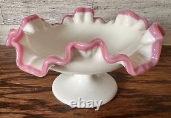 Vintage Fenton Milk Glass Apple Blossom Crest Crimp Pedestal Dish Round Compote