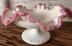 Vintage Fenton Milk Glass Apple Blossom Crest Crimp Pedestal Dish Round Compote