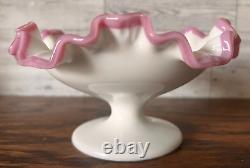 Vintage Fenton Milk Glass Apple Blossom Crest Crimp Pedestal Dish Round Compote