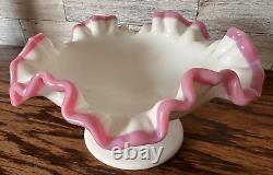 Vintage Fenton Milk Glass Apple Blossom Crest Crimp Pedestal Dish Round Compote