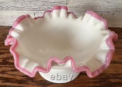 Vintage Fenton Milk Glass Apple Blossom Crest Crimp Pedestal Dish Round Compote