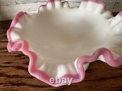 Vintage Fenton Milk Glass Apple Blossom Crest Crimp Pedestal Dish Round Compote