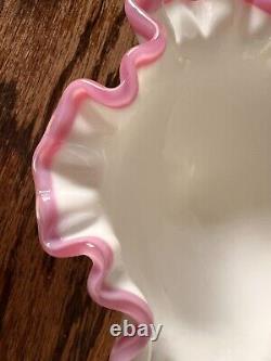 Vintage Fenton Milk Glass Apple Blossom Crest Crimp Pedestal Dish Round Compote