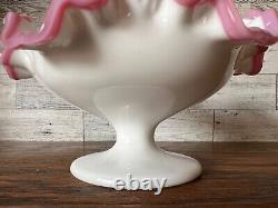 Vintage Fenton Milk Glass Apple Blossom Crest Crimp Pedestal Dish Round Compote