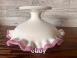 Vintage Fenton Milk Glass Apple Blossom Crest Crimp Pedestal Dish Round Compote