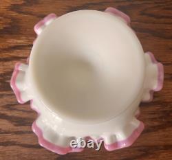 Vintage Fenton Milk Glass Apple Blossom Crest Crimp Pedestal Dish Round Compote