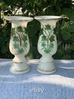 Vintage Fenton Milk Glass Candle Stick Vases PAINTED IVY Set of 2 RARE? Sj8j8