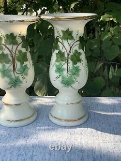 Vintage Fenton Milk Glass Candle Stick Vases PAINTED IVY Set of 2 RARE? Sj8j8