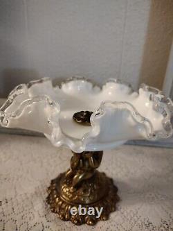 Vintage Fenton Milk Glass Crest Rim Ruffled Bowl on a Brass Cherub pedastal