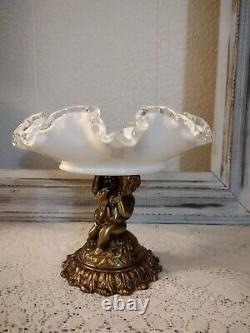 Vintage Fenton Milk Glass Crest Rim Ruffled Bowl on a Brass Cherub pedastal