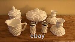 Vintage Fenton Milk Glass Hobnail 7 Piece Set Candlesticks Creamer Sugar Bowl SP