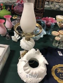 Vintage Fenton Milk Glass Rose Table Lamp Ruffled Crimped Flowers Roses